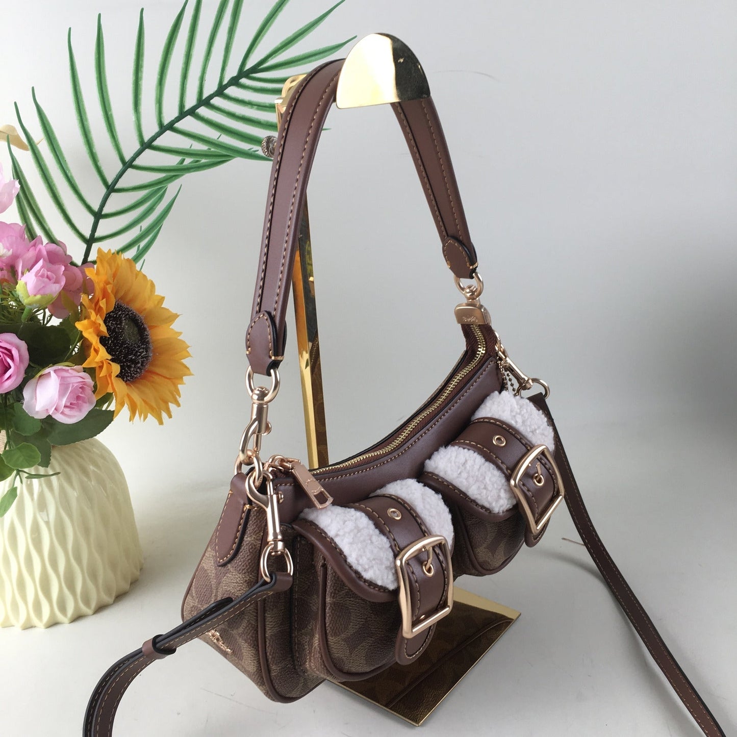 COACH Ashton Baguette Bag - Signature Canvas with Shearling