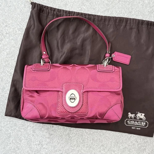COACH Signature Flap Shoulder Bag 31214 – Pink Leather x Satin Canvas 💖